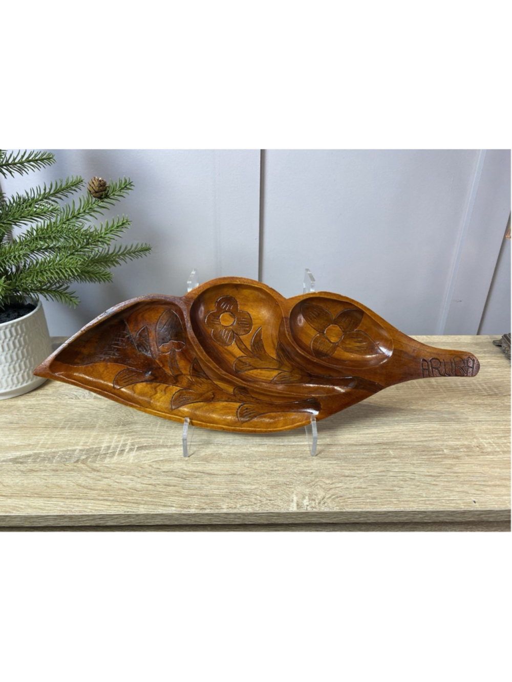 Vtg Monkeypod Hand Carved Wood -Leaf 3 Section Serving Bowl -Flower Aruba 18”